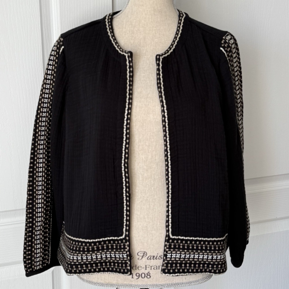 J.Jill ~ Pure Jill Embroidered Cotton-Gauze Open Jacket Black Multi Medium NWT